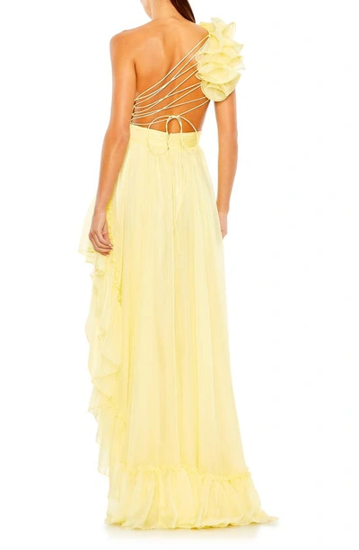 Shop Mac Duggal One-shoulder Ruffle Asymmetric Gown In Butter