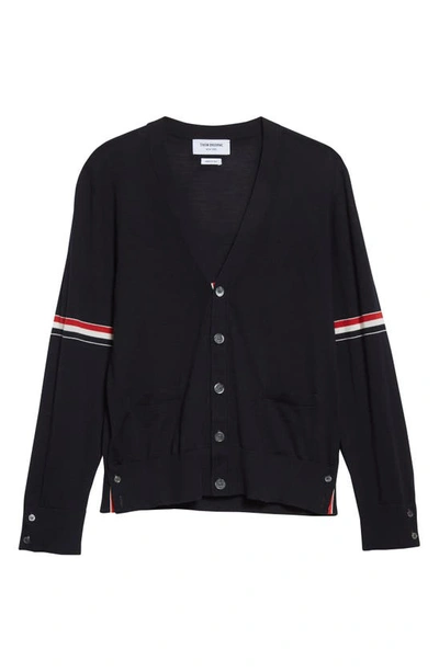 Thom Browne Stripe Armbands Merino Wool Cardigan In Navy