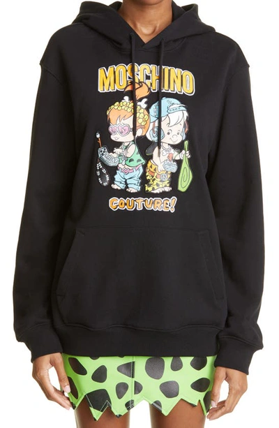 Shop Moschino X 'the Flintstones' Organic Cotton Graphic Hoodie In Fantasy Print Black