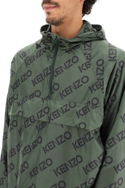 Shop Kenzo Nylon Anorak With Logo Pattern In Khaki