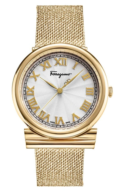 Shop Ferragamo Round Mesh Strap Watch, 34mm In Gold