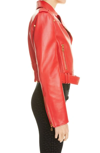 Shop Balmain Leather Moto Jacket In 3ac 3ac Rouge