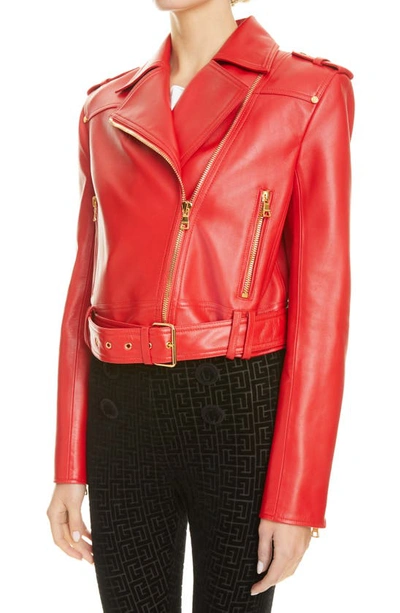 Shop Balmain Leather Moto Jacket In 3ac 3ac Rouge