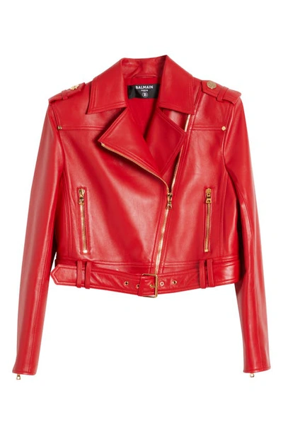 Balmain Belted Leather Crop Jacket In Red ModeSens