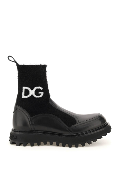 Shop Dolce & Gabbana Logo Knit Ankle Boots In Nero Nero (black)