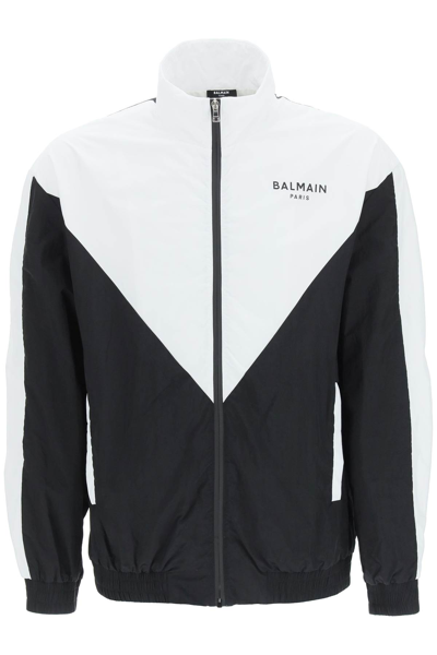 Shop Balmain Two-tone Nylon Jacket With Logo In Black White (black)