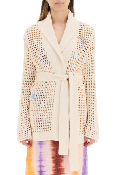 Shop Canessa Crochet Cardigan With Appliqués In Pearl (beige)