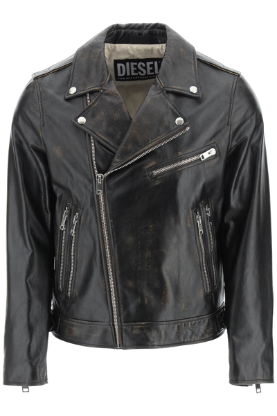 Shop Diesel Drummed Leather Biker Jacket In 004 Deep Black (black)
