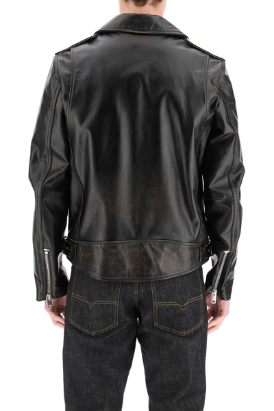 Shop Diesel Drummed Leather Biker Jacket In 004 Deep Black (black)