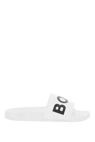 Shop Hugo Boss Boss Slippers With Logo In White (white)