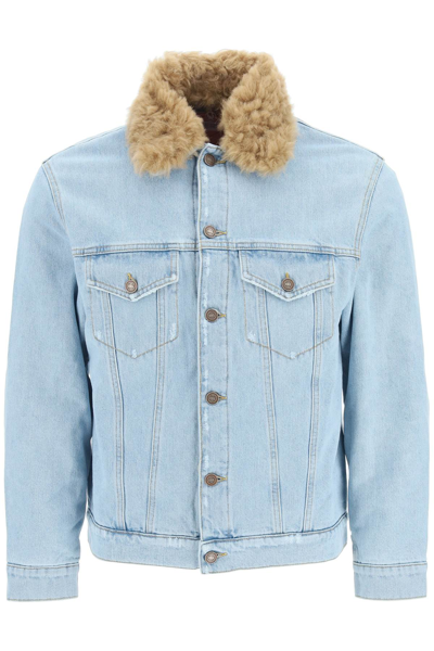 Shop Erl Denim Jacket With Fur Collar In Light Blue 1 (blue)