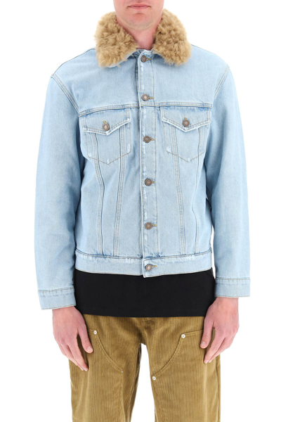 Shop Erl Denim Jacket With Fur Collar In Light Blue 1 (blue)