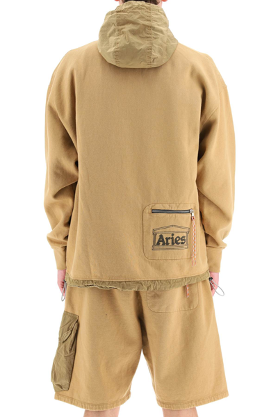 Shop Aries Hybrid Zip-up Hoodie In Brown (brown)