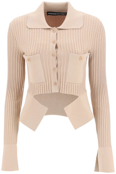 Shop Andreädamo Ribbed Cardigan With Cut-out In Nude (beige)