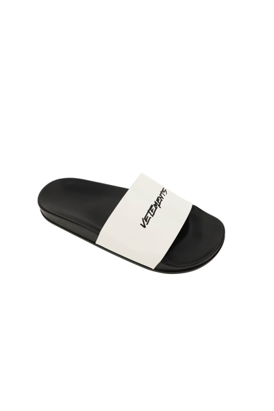 Shop Vetements Logo Leather Slides In White Black (white)