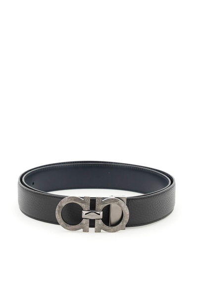 Shop Ferragamo Reversible Leather Belt With Gancini Logo In Nero Blue (black)