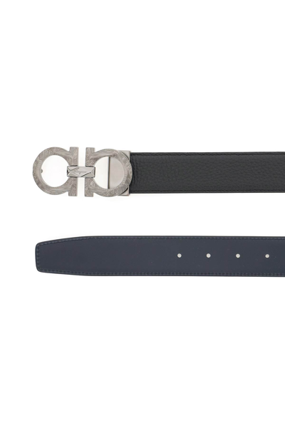 Shop Ferragamo Reversible Leather Belt With Gancini Logo In Nero Blue (black)