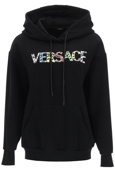 Shop Versace La Greca Logo Hoodie In Nero (black)