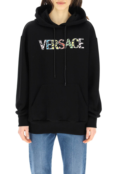 Shop Versace La Greca Logo Hoodie In Nero (black)