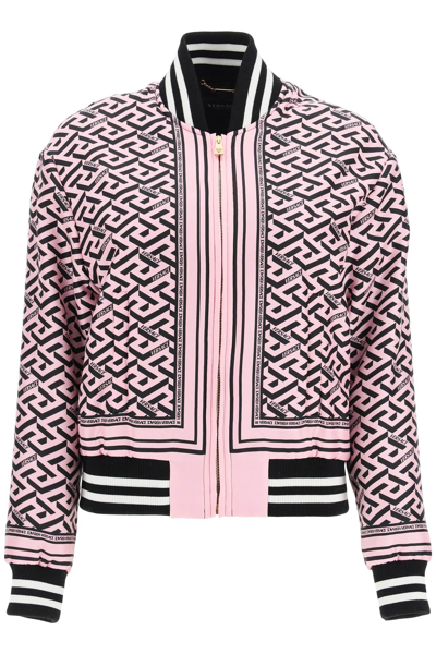 Shop Versace La Greca Silk Bomber Jacket In Candy Black (pink)