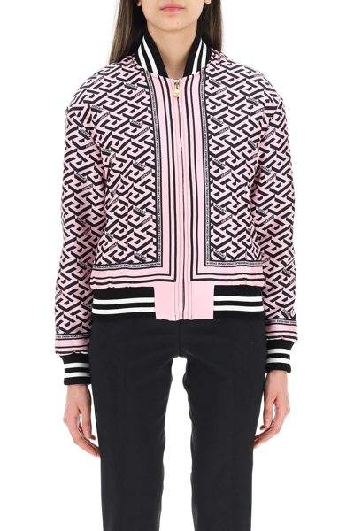 Shop Versace La Greca Silk Bomber Jacket In Candy Black (pink)