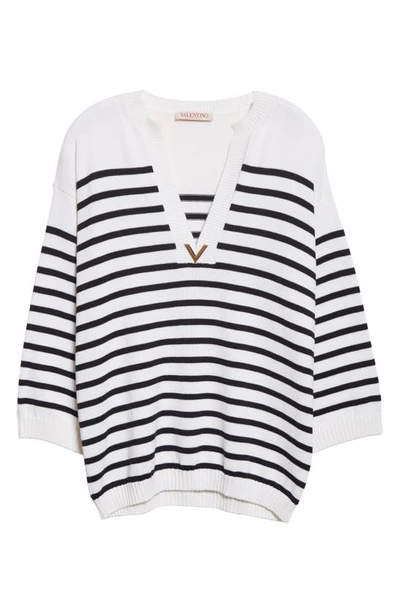 Shop Valentino Stripe Cotton & Cashmere Sweater In Avorio/navy