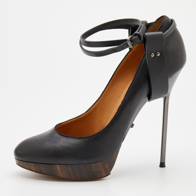 Pre-owned Lanvin Black Leather Ankle Strap Platform Pumps Size 40