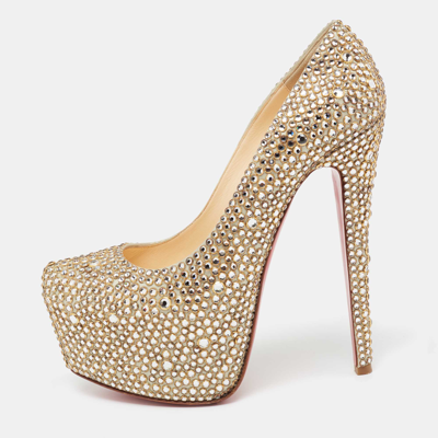 Pre-owned Christian Louboutin Metallic Gold Crystal Embellished Leather Daffodile Platform Pumps Size 38.5