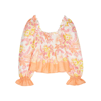 Shop Ephemera Valentina Floral-print Smocked Linen Blouse In Multicoloured