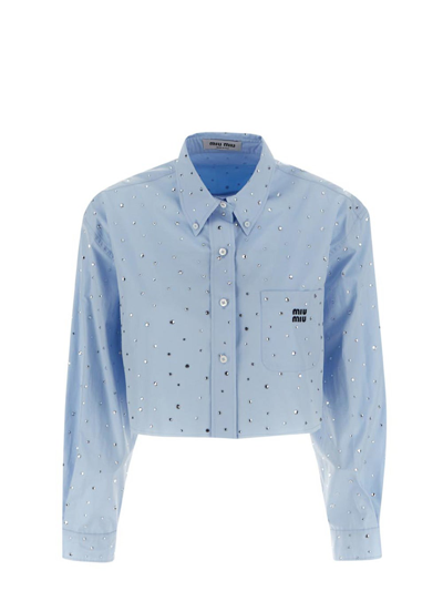 Crystal-embellished Poplin Crop Shirt In Blue