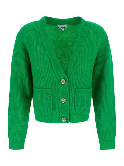 Shop Ganni Cropped Cardigan In Green