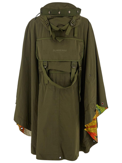 Shop Burberry Packaway Technical Cotton Hooded Cape In Green