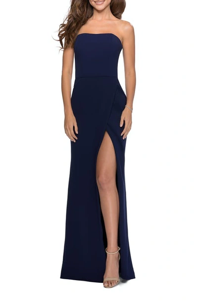 Shop La Femme Strapless Double Strap Long Jersey Prom Dress In Blue