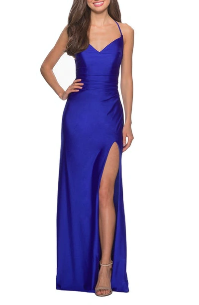 Shop La Femme Long Homecoming Dress With Slit And Criss Cross Back In Blue