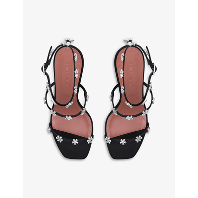 Shop Amina Muaddi Women's Black Lily Crystal-embellished Silk-satin Heeled Sandals