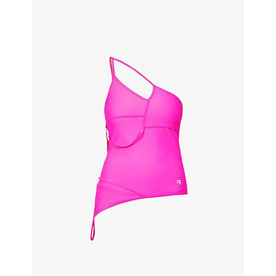 Shop Balenciaga Asymmetric One-shoulder Stretch-woven Top In Fluo Pink