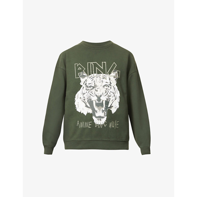 Shop Anine Bing Tiger Graphic-print Organic Cotton Sweatshirt In Forest Green