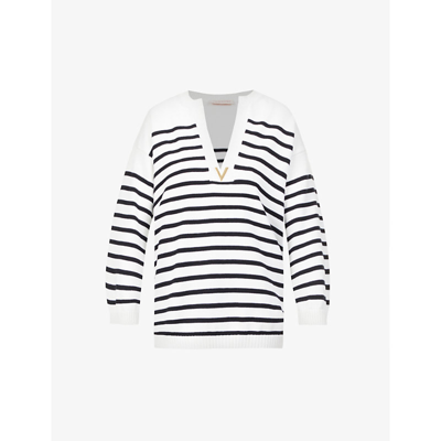 Shop Valentino Striped V-neck Cotton And Cashmere-blend Knit Jumper In Avorio Navy
