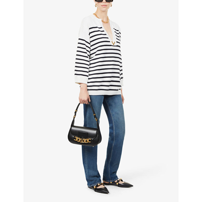 Shop Valentino Striped V-neck Cotton And Cashmere-blend Knit Jumper In Avorio Navy