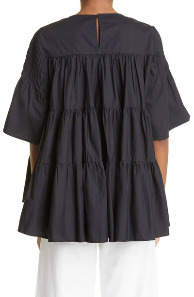 Shop Merlette Brandt Tiered Pintuck High-low Pima Cotton Blouse In Black