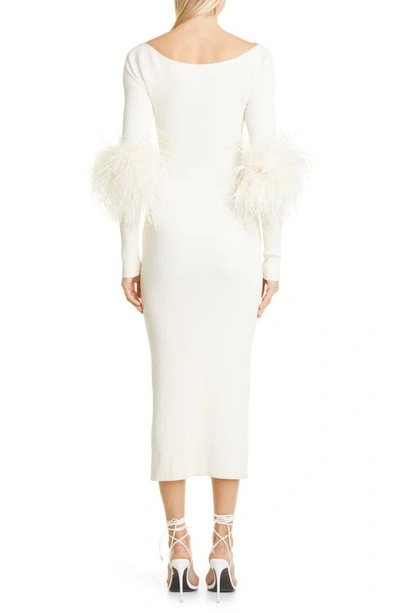 Shop Lapointe Ostrich Feather Trim Long Sleeve Crossover Cutout Midi Dress In Cream