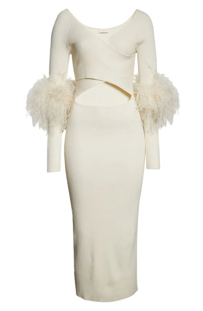 Shop Lapointe Ostrich Feather Trim Long Sleeve Crossover Cutout Midi Dress In Cream
