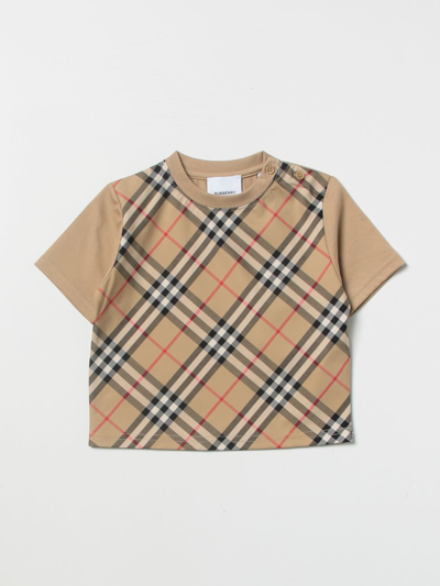 Shop Burberry Cotton T-shirt With Check Detail In Beige