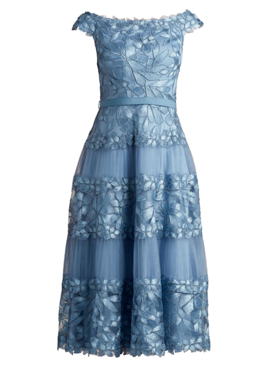 Shop Tadashi Shoji Women's Floral Embroidered Off-the-shoulder A-line Dress In Blue Stone