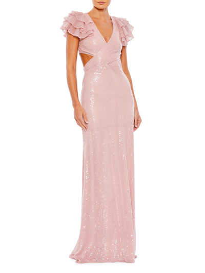 Shop Mac Duggal Women's Sequin Flounce Shoulder Cut Out Gown In Rose
