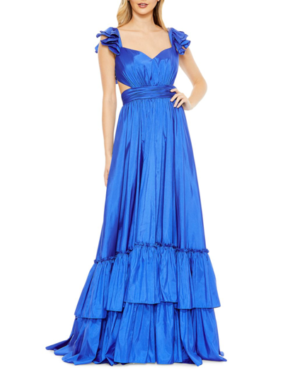 Shop Mac Duggal Women's Ieena Cut-out Ruffled Satin Gown In Cobalt