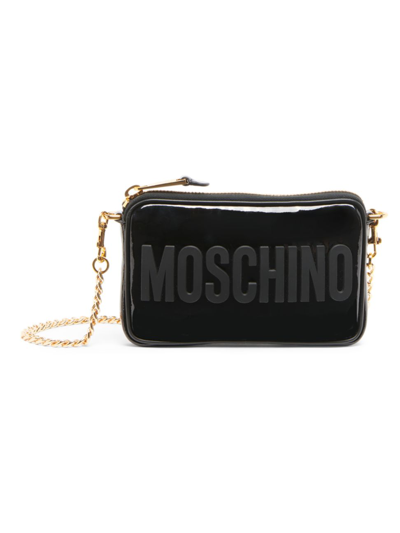 Shop Moschino Women's Patent Leather Logo Shoulder Bag In Black