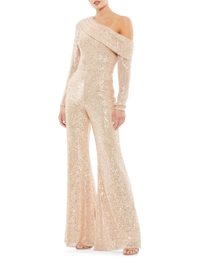 Shop Mac Duggal Women's Ieena Sequin One-shoulder Long-sleeve Jumpsuit In Rose Gold