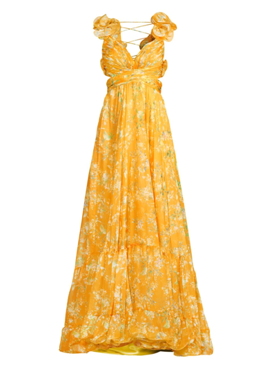 Shop Mac Duggal Women's Ieena Floral Chiffon Gown In Lemon Multi