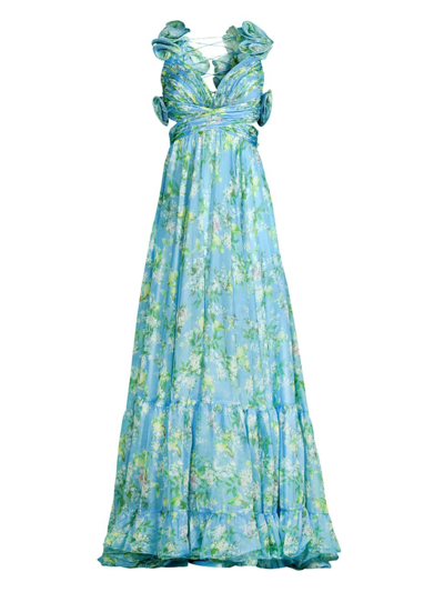 Shop Mac Duggal Women's Ieena Floral Chiffon Gown In Blue Multi